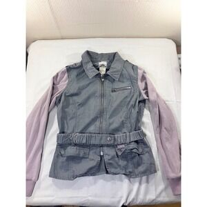 Nori‎ Gray Cotton Blend Vest Lavender Sleeves Belted Zip Up Utility Jacket